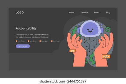 AI ethics dark or night mode web, landing. AI's accountability. Hands cradle a smiling robot head. Gears and code symbols emphasize the balance of tech and responsibility. Flat vector illustration.