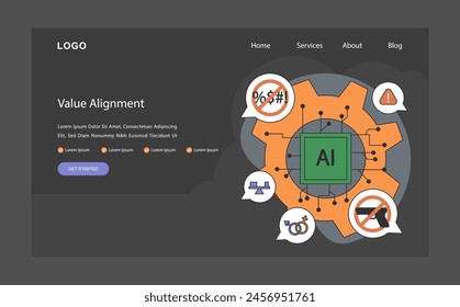 AI ethics dark or night mode web, landing. Artificial intelligence chip surrounded by value alignment ensuring ethical operation. Rejecting bias, violence, and hate. Flat vector illustration