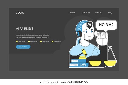 AI ethics dark or night mode web, landing. AI robotic system no Bias with balanced scales. Justice and equality. Artificial intelligence alignment and normative control. Flat vector illustration