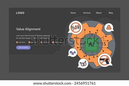 AI ethics dark or night mode web, landing. Artificial intelligence chip surrounded by value alignment ensuring ethical operation. Rejecting bias, violence, and hate. Flat vector illustration