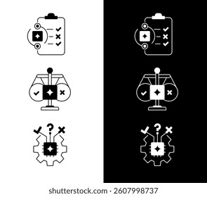 AI Ethics and Decision Intelligence Icons. Automated Evaluation, Ethical Reasoning, Risk Analysis, and Responsible AI Logic. Editable Stroke.