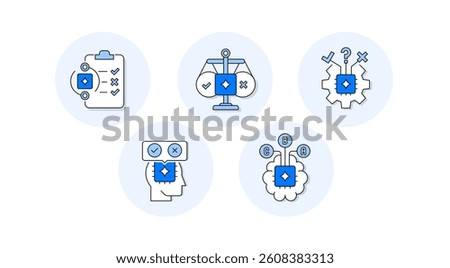 AI Ethics and Decision Logic Icon Set. Smart Automation, Ethical Balance, Cognitive Reasoning, Task Evaluation, and Neural Path Selection Symbols.