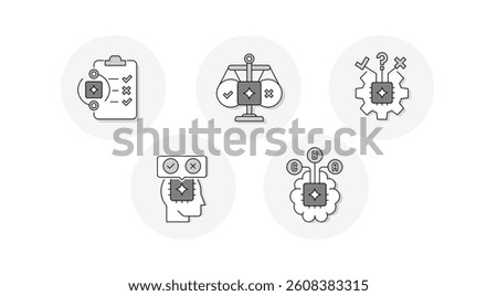 AI Ethics and Decision Logic Icon Set. Smart Automation, Ethical Balance, Cognitive Reasoning, Task Evaluation, and Neural Path Selection Symbols.