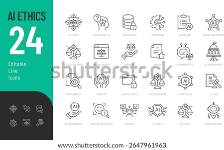Ai ethics Editable Icons set. Vector illustration in modern thin line style of technology related icons: fairness, transparency, data privacy, and more. Isolated on transparent background.