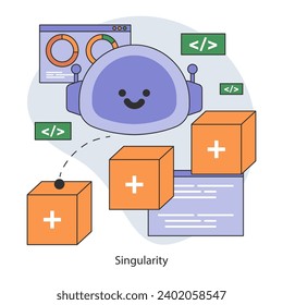 AI ethics. Evolving artificial intelligence and neuron system. Constant development self-learning system. Singularity with rising graphs. Flat vector illustration.