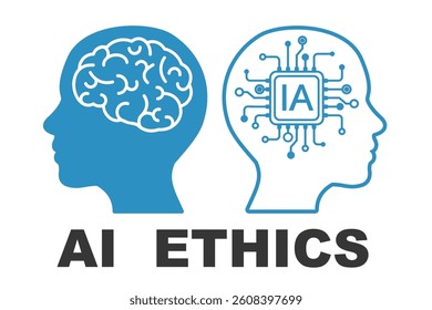 AI ethics, fair approach to the use and introduction of artificial intelligence, human head with brain and chip, ethical side and balance - vector