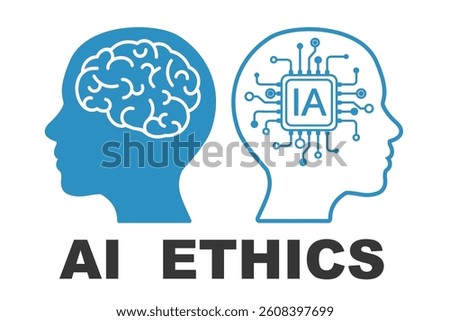 AI ethics, fair approach to the use and introduction of artificial intelligence, human head with brain and chip, ethical side and balance - vector