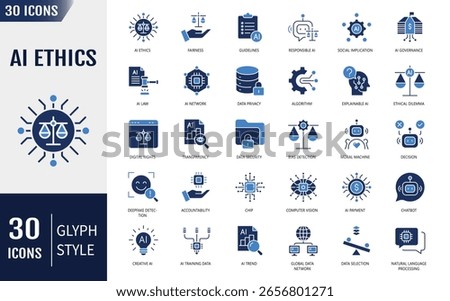 Ai ethics flat Icons set. Containing fairness, transparency, data privacy, and more. Vector illustration