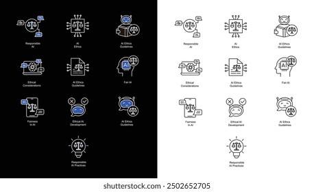 COLECCIÓN de íconos de ética y gobernanza de la IA: íconos de línea de Vector que representan conceptos éticos de IA y prácticas justas. Vector Trazo y Colores editables.