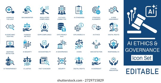 Conjunto de iconos de glifo sólido de ética y gobernanza de IA. Símbolos de Vector para IA responsable, auditoría algorítmica, cumplimiento del RGPD, detección de sesgos e inteligencia artificial explicable.