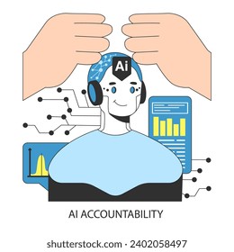 AI-Ethik. Hände beaufsichtigen ein Gehirn des Nervennetzwerks und betonen die Rechenschaftspflicht des Selbst-Lernsystems mit Diagrammen und Daten. Tiefes maschinelles Lernen. Flache Vektorgrafik.