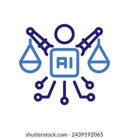 AI Ethics icon with robot with circuits and AI chip holding  balance scales. Vector thin line illustration for balancing technology, ai decision making moral values concept