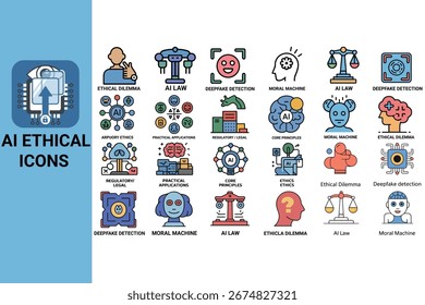 Conjunto de iconos de ética de IA que contiene robot, conteniendo, privacidad de datos, lineamientos, inteligencia artificial