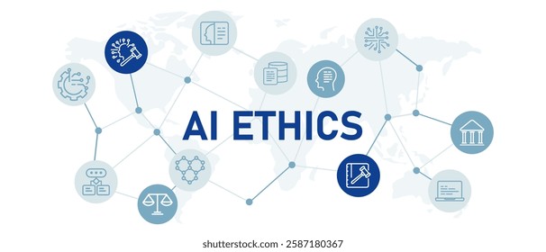 AI ethics icon set with illustration smart system control rules data optimization privacy policy AI artificial intelligence machine learning guidelines database analysis technology design