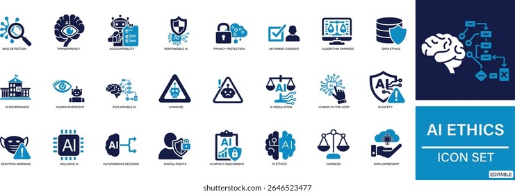 AI Ethics Icon Set Responsible AI, Algorithm Bias, Data Ethics, Privacy and Trust in Artificial Intelligence.