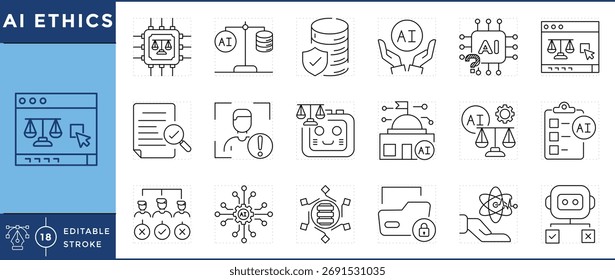 Conjunto de iconos de ética de IA. Inteligencia artificial, dilema, privacidad de datos, equidad, derechos digitales, responsabilidad, confianza, seguridad y muchos más. Vector de trazo editable.