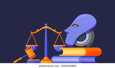 AI Ethics and Law Policy Regulation Illustration Concept Robot Judge Hammer and Scale Law Artificial Intelligence Moral Ethic Vector Design