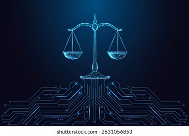 Ética de IA, tecnologia legal e conceito de justiça digital com escala de equilíbrio poligonal brilhante conectado à placa de circuito em fundo azul escuro. Estilo de poli baixo futurista, ilustração vetorial abstrata