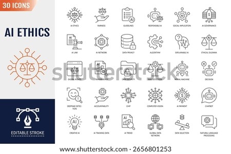 Ai ethics line editable Icons set. Containing fairness, transparency, data privacy, and more. Vector illustration