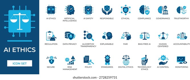KI-Symbolsatz für Ethik und Regulierung. Vektorsymbole für künstliche Intelligenz, Sicherheit, Compliance, Datenschutz und Technologierecht.