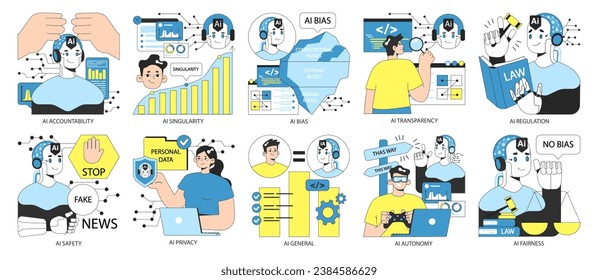 AI ethics set. Artificial intelligence alignment and regulation. Accountability, singularity and autonomy, bias types, transparency, safety and privacy. Flat vector illustration.