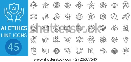 AI Ethics Vector Line Icon Set. Set of 45 artificial intelligence line icon set. Artificial intelligence,  digital, brain, ai, chip, technology and more. Vector illustration.