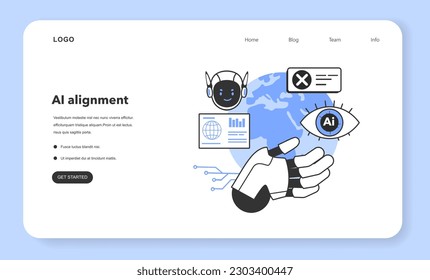 Banner web de ética de IA o página de inicio. Alineación artificial de inteligencia. Seguridad y control normativo del desarrollo informático. Cuestión filosófica y ética futura. Ilustración vectorial plana