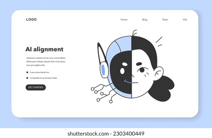 AI Ethik-Web-Banner oder Landing-Seite. Ausrichtung künstlicher Intelligenz. Sicherheit und normative Steuerung der Computerentwicklung. Künftige philosophische und ethische Frage. Flache Vektorgrafik