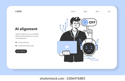 AI ethics web banner or landing page. Artificial intelligence alignment. Security and normative control of computer development. Future philosophical and ethical issue. Flat vector illustration