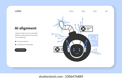 Banner web de ética de IA o página de inicio. Alineación artificial de inteligencia. Seguridad y control normativo del desarrollo informático. Cuestión filosófica y ética futura. Ilustración vectorial plana