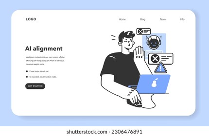 AI ethics web banner or landing page. Artificial intelligence alignment. Security and normative control of computer development. Future philosophical and ethical issue. Flat vector illustration