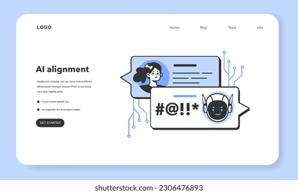 AI ethics web banner or landing page. Artificial intelligence alignment. Security and normative control of computer development. Future philosophical and ethical issue. Flat vector illustration