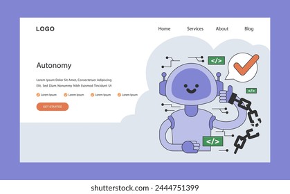 AI ethics web or landing. Artificial intelligence autonomy. Complex neural network systems to operate independent of direct human intervention. Decision-making process. Flat vector illustration
