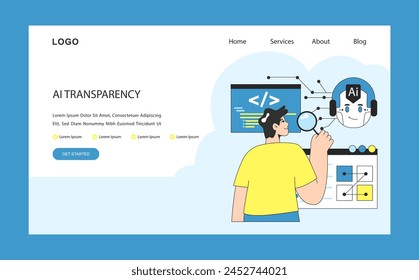 AI ethics web or landing. Artificial intelligence and neural networks transparency and liability. Character scrutinizes AI operations researching tech workings Flat vector illustration.