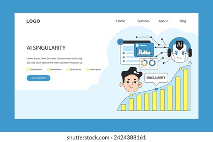 AI ethics web or landing. Character or user interacts with an evolving AI. Constant self-learning system. Singularity with rising graphs. Flat vector illustration.