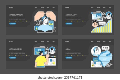 AI ethics web or landing dark or night mode set. Artificial intelligence regulation. Accountability, singularity and autonomy, bias types, transparency, safety and privacy. Flat vector illustration.