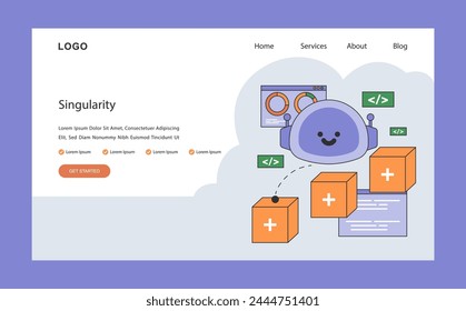 AI ethics web or landing. Evolving artificial intelligence and neuron system. Constant development self-learning system. Singularity with rising graphs. Flat vector illustration.