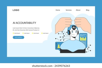 AI ethics web or landing. Hands oversee a neural network brain, emphasizing self-learning computing system accountability with charts and data. Deep machine learning. Flat vector illustration.