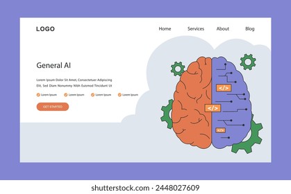 KI-Ethik-Web oder Landung. Das menschliche Gehirn verschmilzt mit Schaltkreisen. Evolution of Artificial General Intelligence oder AGI. In: Human and Artificial Cognition Integration. Flache Vektorillustration.