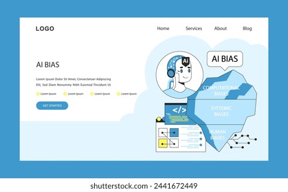 AI ethics web or landing. AI robotic character delineates the facets of bias: computational, systemic, and human. Data variance, configuration control. Flat vector illustration.