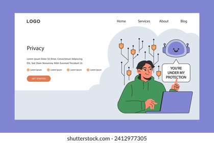 AI ethics web or landing. User using a laptop. Artificial intelligence provide data and digital device safety. Protection of the internet access, cyber attack prevention. Flat vector illustration