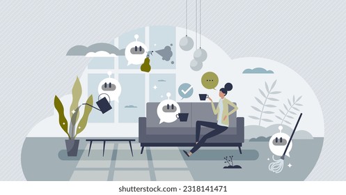 La IA en la vida cotidiana como inteligencia artificial en el concepto de persona diminuta en el hogar. Apoyo tecnológico para trabajos domésticos con limpieza y tareas prácticas de ilustración vectorial. Innovación y revolución inteligente.