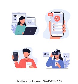 IA en la vida cotidiana conjunto de objetos que ilustran la tecnología moderna. conjunto de Vector de tecnología de realidad aumentada Ilustraciones objeto plano 2D. objeto aislado