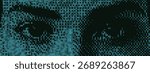 AI Eye Code Graphic. A woman with binary 01 technology and software science for a halftone vision and discovery background..