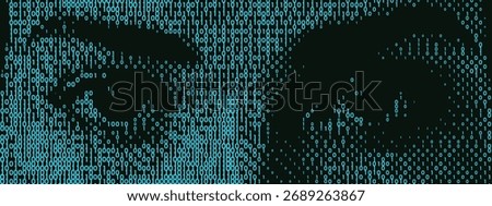 AI Eye Code Graphic. A woman with binary 01 technology and software science for a halftone vision and discovery background..