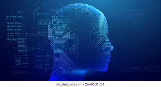 AI face cabeça com avatar humano e design robô em uma digitalização 3D digital. Wireframe de tecnologia artificial com vetor de pontos para reconhecimento virtual ou fundo de ID. Malha futurista com neon de tecnologia cibernética.