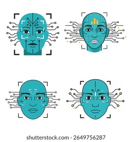 AI Faces with Circuit Elements: Four Human Faces Featuring Integrated Circuits, Unique Expressions, and Facial Recognition Interface Representing Artificial Intelligence and Robotics