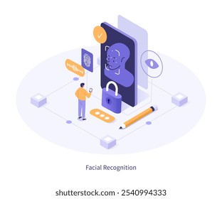 AI reconocimiento facial, autenticación biométrica, Plantilla de infografía de verificación. Escaneo de huellas dactilares, cara, tecnología de Identificación del iris del ojo. Id. de seguridad. Ilustración vectorial isométrica 