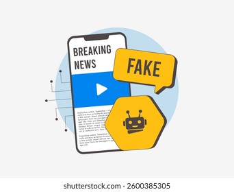 AI fake news detector analyzes data, verifies information and detects misinformation. AI-powered tools help identify false news, prevent disinformation and enhance media credibility illustration