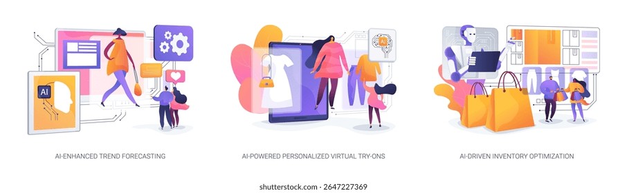 AI in Fashion and Retail abstract concept vector illustration set. AI powers trend prediction, virtual try-ons, and stock control for smarter fashion retail solutions. abstract metaphor.